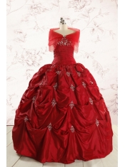 Discount Strapless Wine Red Appliques Quinceanera Dresses for 2015