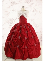 Discount Strapless Wine Red Appliques Quinceanera Dresses for 2015