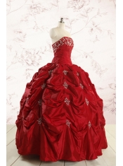 Discount Strapless Wine Red Appliques Quinceanera Dresses for 2015
