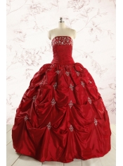 Discount Strapless Wine Red Appliques Quinceanera Dresses for 2015