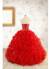 Exquisite Beading and Ruffles Red Quinceanera Gowns with Wrap for 2015