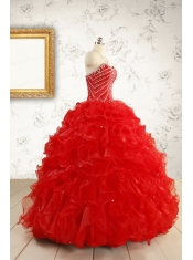 Exquisite Beading and Ruffles Red Quinceanera Gowns with Wrap for 2015