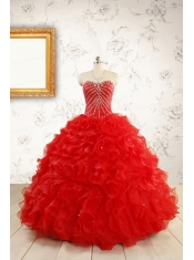 Exquisite Beading and Ruffles Red Quinceanera Gowns with Wrap for 2015