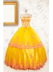 Gold Strapless Beautiful Quinceanera Dresses with Appliques