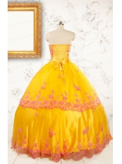 Gold Strapless Beautiful Quinceanera Dresses with Appliques