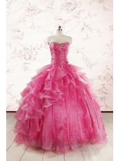 Hot Pink Sweetheart Beading Quinceanera Dresses with Brush Train