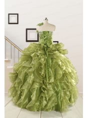 Inexpensive Olive Green Dresses for Quince with Beading and Ruffles