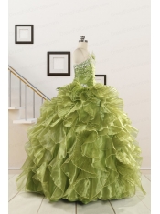 Inexpensive Olive Green Dresses for Quince with Beading and Ruffles