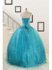 Perfect Spaghetti Straps Appliques Sequins Turquoise Quinceanera Dresses for 2015