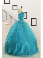 Perfect Spaghetti Straps Appliques Sequins Turquoise Quinceanera Dresses for 2015