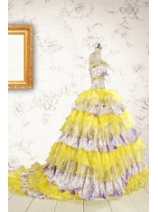 Popular Beading Yellow Sweet 15 Dresses with Sweep Train