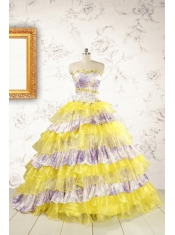 Popular Beading Yellow Sweet 15 Dresses with Sweep Train