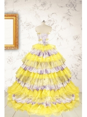Popular Beading Yellow Sweet 15 Dresses with Sweep Train