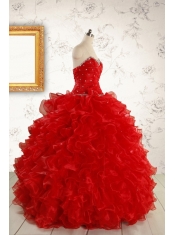 Pretty Ball Gown Sweetheart 2015 Red Quinceanera Dresses with Beading