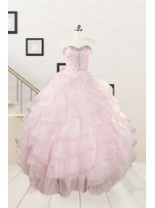 2015 Cute Baby Pink Quinceanera Dresses with Beading and Ruffles