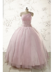 2015 One Shoulder Beading Light Pink Quinceanera Dresses