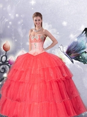 2015 Coral Red Sweetheart Quinceanera Dresses with Layers and Appliques
