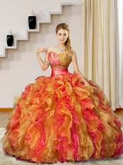 2015 Fashionable Pink and Gold Quinceanera Dress with  Beading and Ruffles