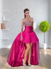 High Low Sweetheart 2015 Hot Pink Dama Dresses  With Beading