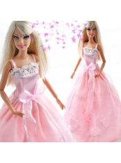 Bowknot Embroidery Princess Pink Barbie Doll Dress