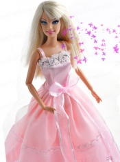 Bowknot Embroidery Princess Pink Barbie Doll Dress
