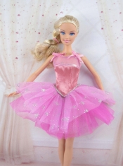Cute Rose Pink Straps Beaded Decorate Party Dress For Barbie Doll