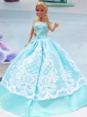 Embroidery Baby Blue For Princess Barbie Doll Dress