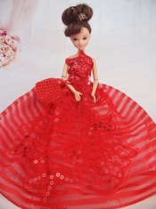 Hand Made Flowers Red Ball Gown Party Clothes Barbie Doll Dress