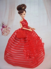 Hand Made Flowers Red Ball Gown Party Clothes Barbie Doll Dress