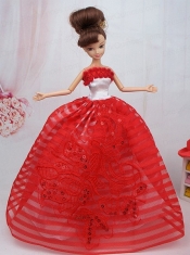 Hand Made Flowers Red Ball Gown Party Clothes Barbie Doll Dress