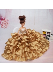 Luxurious Ball Gown Asymmetrical Gold Ruffled Layeres Clothes Party Fashion Dress For Noble Barbie