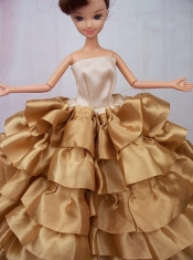 Luxurious Ball Gown Asymmetrical Gold Ruffled Layeres Clothes Party Fashion Dress For Noble Barbie