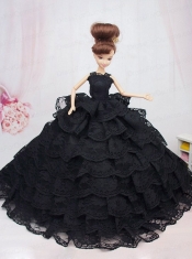 Luxurious Black Lace With Ruffled Layeres Party Dress For Barbie Doll