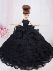 Luxurious Black Lace With Ruffled Layeres Party Dress For Barbie Doll