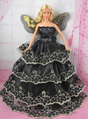 Luxurious Black Strapless Lace Ruffled Layeres Party Clothes Fashion Dress for Noble Barbie