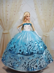 Popular Ball Gown Party Clothes White and Blue Barbie Doll Dress