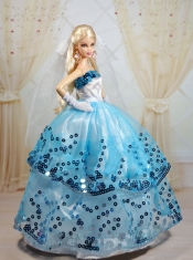 Popular Ball Gown Party Clothes White and Blue Barbie Doll Dress