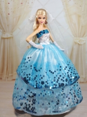 Popular Ball Gown Party Clothes White and Blue Barbie Doll Dress