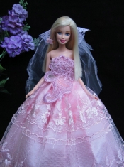 Romantic Baby Pink Strapless Lace Fashion Wedding Dress for Noble Barbie