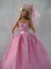 Romantic Rose Pink Strapless Lace Wedding Dress For Barbie Doll