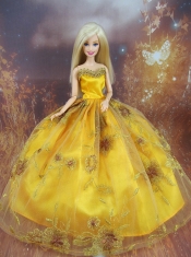 Beading Decorate Ball Gown Gold Barbie Doll Dress