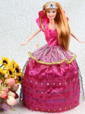 Elegant Hot Pink Taffeta Ball Gown Party Clothes Embroidery Dress For Nobel Barbie