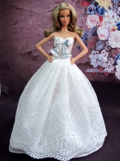 Elegant White Gown With White Lace and Bowknot Made To Fit The Barbie Doll