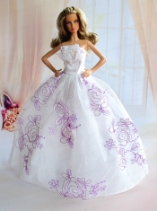 Embroidery Decorate White Taffeta Ball Gown Barbie Doll Dress