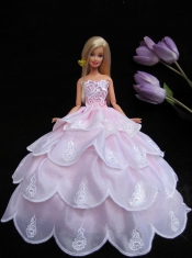 Embroidery Pink Ruffled Layers Ball Gown Barbie Doll Dress