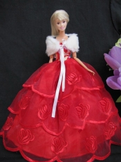 Embroidery Red Organza Ball Gown Gown For Barbei Doll