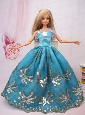 Exclusive Ball Gown Teal Beading Hand Made Flower Barbie Doll Dress