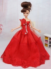 Hand Made Flower and Beading Red Organza Barbie Doll Dress