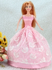 Lovely Baby Pink Ball Gown Straps With Sash and Lace Party Clothes Fashion Dress For Noble Barbie