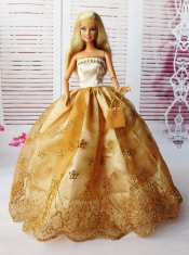 Lovely Ball Gown Handmade Gold Appliques Barbie Doll Dress